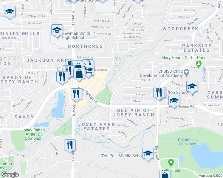 map of restaurants, bars, coffee shops, grocery stores, and more near 2021 Springwood Place in Carrollton
