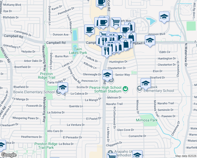 map of restaurants, bars, coffee shops, grocery stores, and more near 7825 Pencross Lane in Dallas