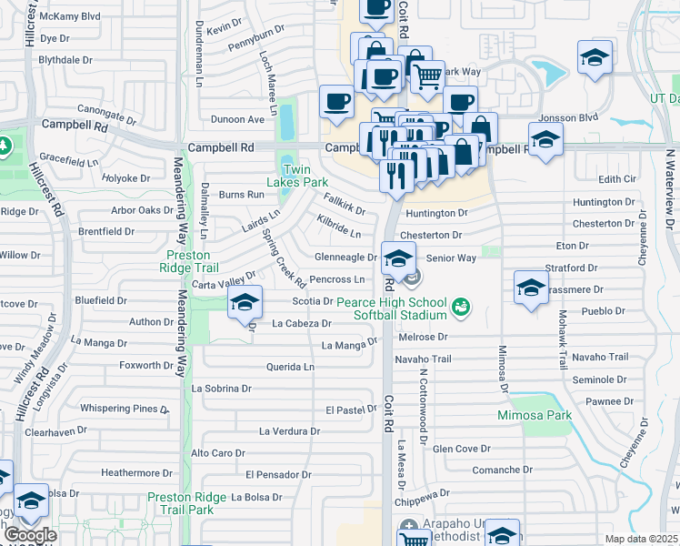 map of restaurants, bars, coffee shops, grocery stores, and more near 7815 Pencross Lane in Dallas