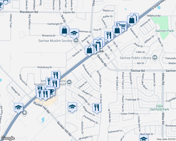 map of restaurants, bars, coffee shops, grocery stores, and more near 5510 Brookview Court in Sachse