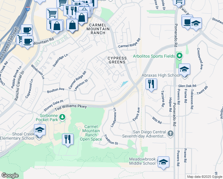 map of restaurants, bars, coffee shops, grocery stores, and more near 12174 Riley Lane in San Diego