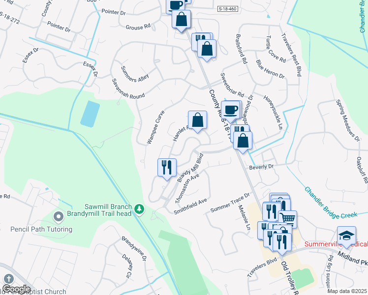 map of restaurants, bars, coffee shops, grocery stores, and more near Towne Square Road in Summerville
