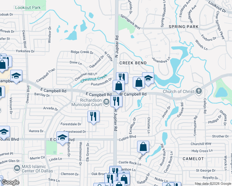 map of restaurants, bars, coffee shops, grocery stores, and more near N Jupiter Rd & W Campbell Rd in Garland