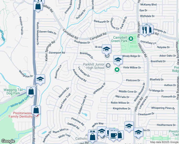 map of restaurants, bars, coffee shops, grocery stores, and more near 6435 La Manga Drive in Dallas