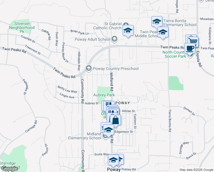 map of restaurants, bars, coffee shops, grocery stores, and more near 14306 Sycamore Avenue in Poway