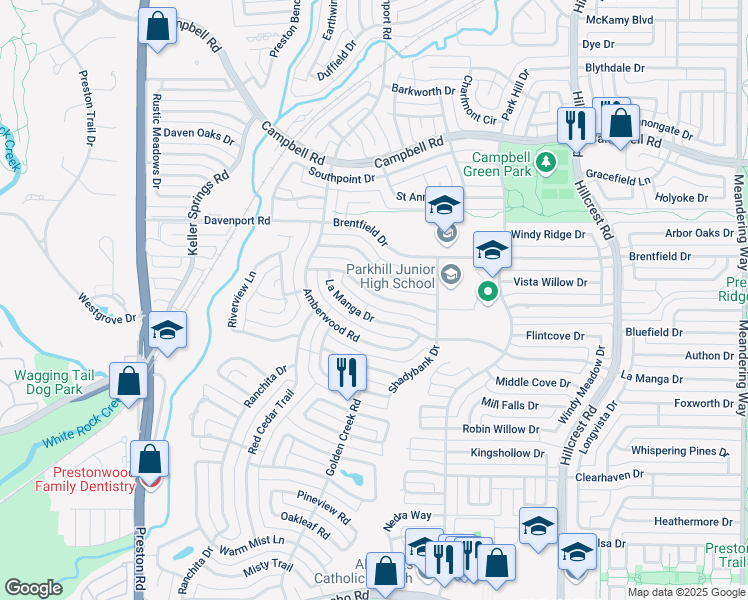 map of restaurants, bars, coffee shops, grocery stores, and more near 6435 La Manga Drive in Dallas