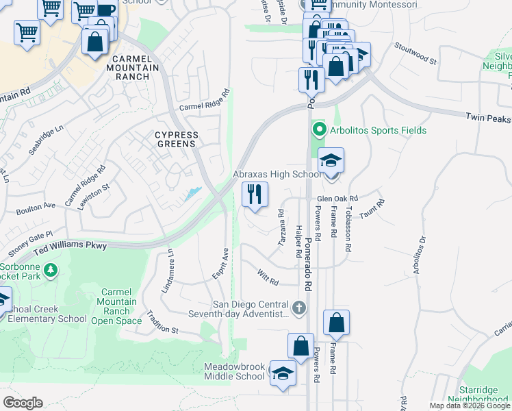 map of restaurants, bars, coffee shops, grocery stores, and more near 130291/2 Poway Road in Poway