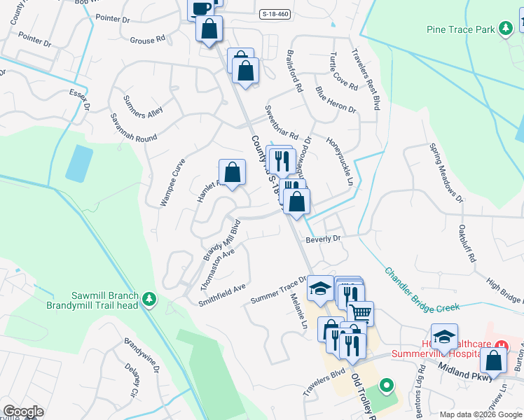 map of restaurants, bars, coffee shops, grocery stores, and more near 116 Hamlet Road in Summerville