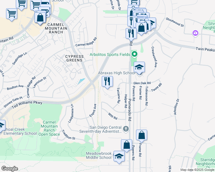 map of restaurants, bars, coffee shops, grocery stores, and more near 140 Sagecrest Street in Poway