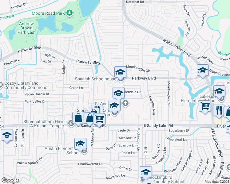 map of restaurants, bars, coffee shops, grocery stores, and more near 204 Samuel Boulevard in Coppell