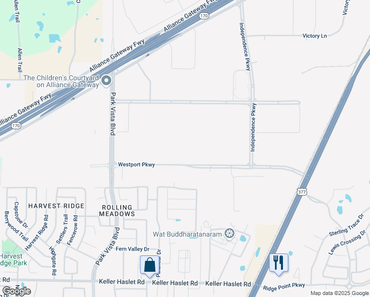 map of restaurants, bars, coffee shops, grocery stores, and more near 4801 Westport Parkway in Fort Worth