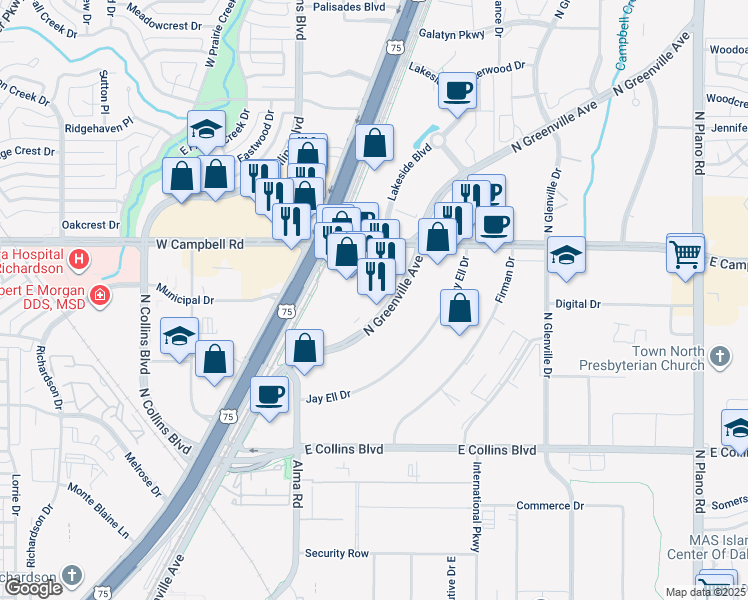 map of restaurants, bars, coffee shops, grocery stores, and more near 1801 North Greenville Avenue in Richardson