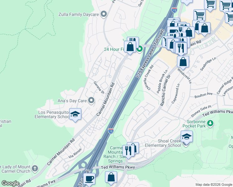 map of restaurants, bars, coffee shops, grocery stores, and more near 11015 Peyton Way in San Diego