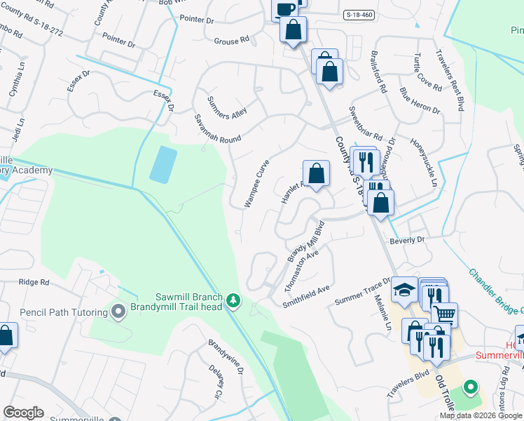 map of restaurants, bars, coffee shops, grocery stores, and more near 110 Orchard Court in Summerville