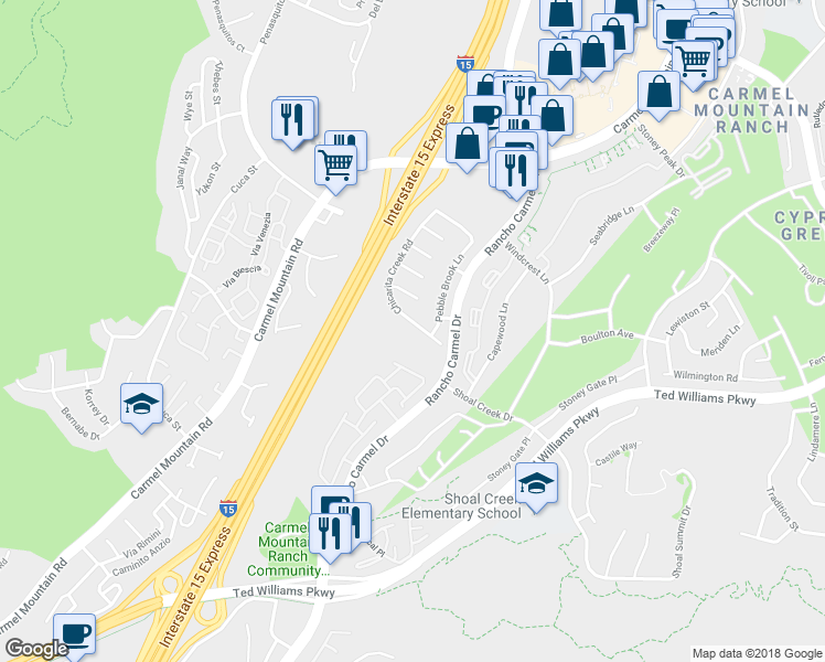 map of restaurants, bars, coffee shops, grocery stores, and more near 13976 Chicarita Creek Road in San Diego