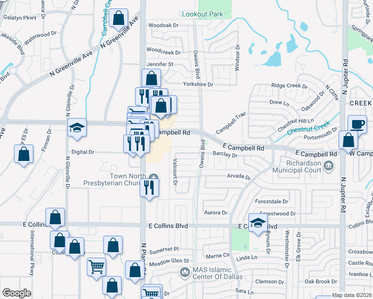 map of restaurants, bars, coffee shops, grocery stores, and more near 1508 Barclay Drive in Richardson