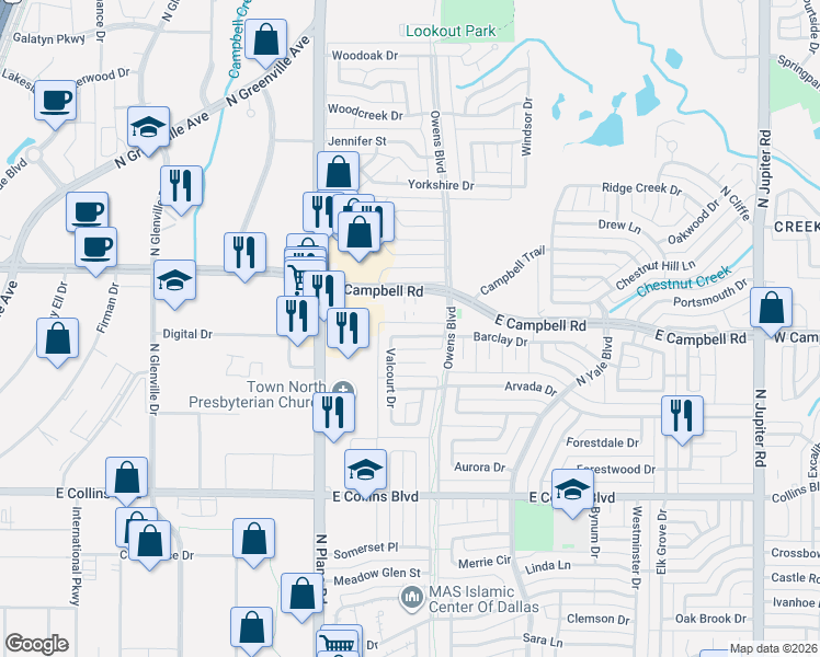 map of restaurants, bars, coffee shops, grocery stores, and more near 1508 Barclay Drive in Richardson