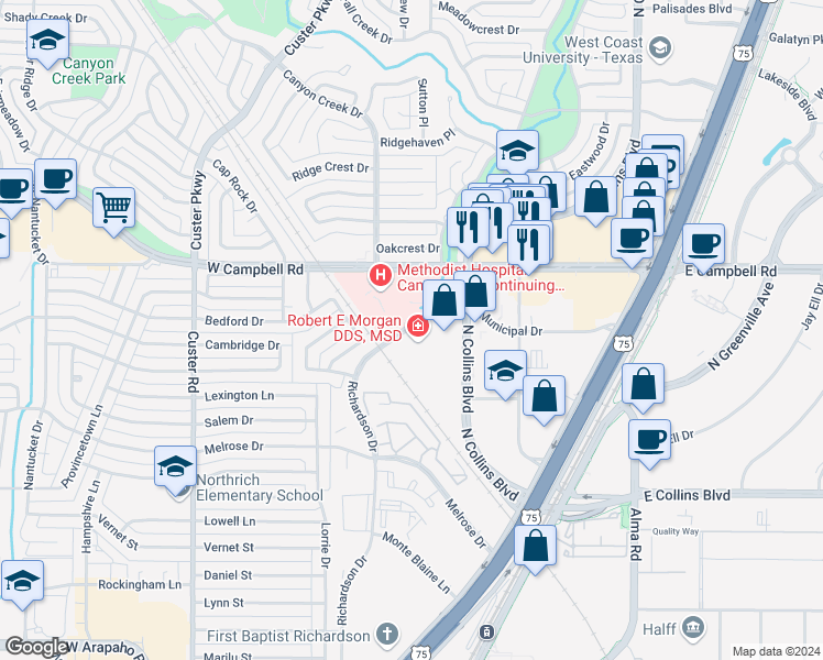 map of restaurants, bars, coffee shops, grocery stores, and more near 375 Municipal Drive in Richardson