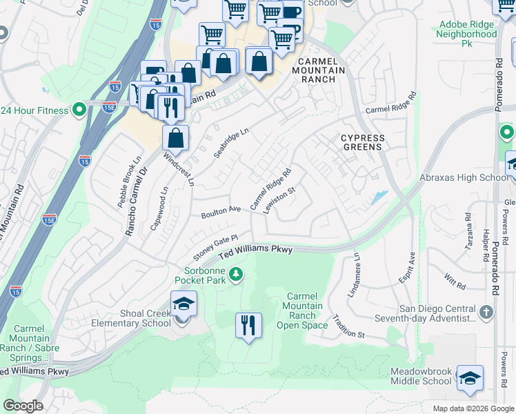 map of restaurants, bars, coffee shops, grocery stores, and more near 13888 Carmel Ridge Road in San Diego