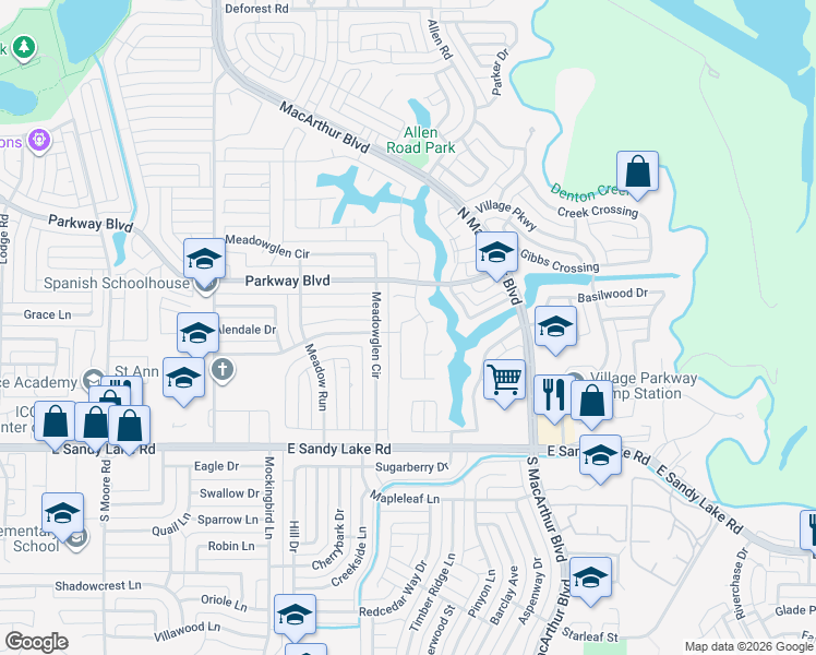 map of restaurants, bars, coffee shops, grocery stores, and more near 121 Spyglass Drive in Coppell