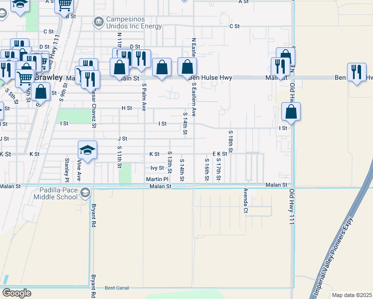 map of restaurants, bars, coffee shops, grocery stores, and more near 1400-1498 K Street in Brawley