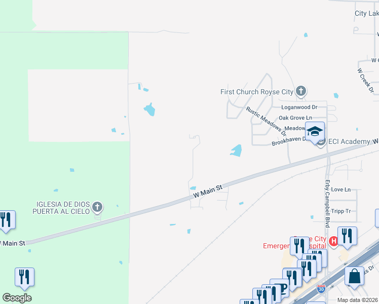 map of restaurants, bars, coffee shops, grocery stores, and more near 400 North Sorrells Road in Royse City