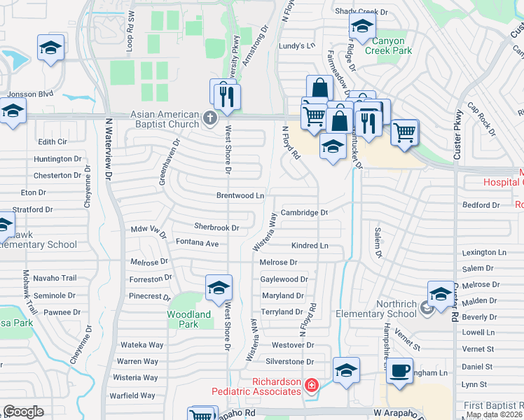 map of restaurants, bars, coffee shops, grocery stores, and more near 1621 Wisteria Way in Richardson