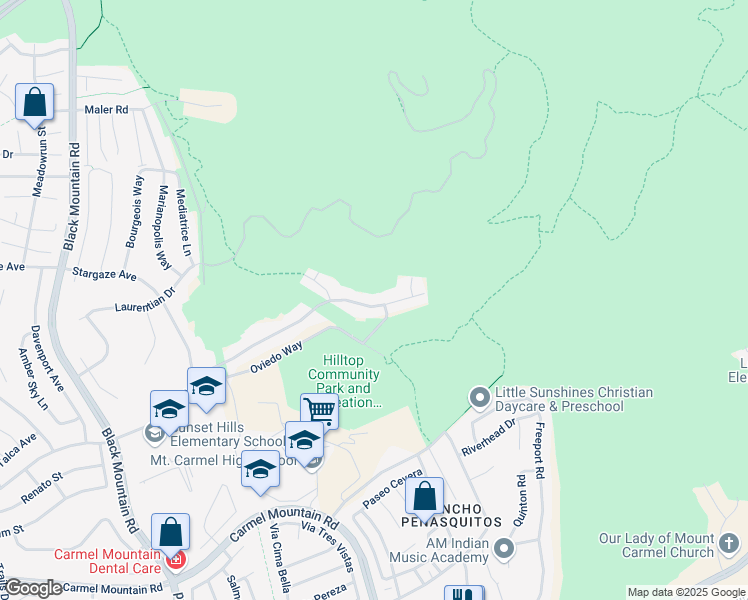 map of restaurants, bars, coffee shops, grocery stores, and more near 9657 Oviedo Street in San Diego
