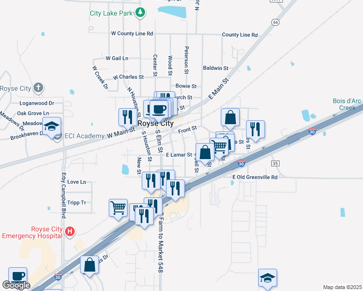 map of restaurants, bars, coffee shops, grocery stores, and more near 311 May Street in Royse City