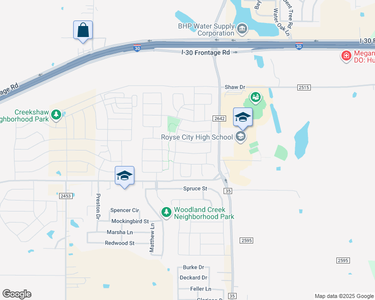 map of restaurants, bars, coffee shops, grocery stores, and more near 3201 Overlook Drive in Royse City