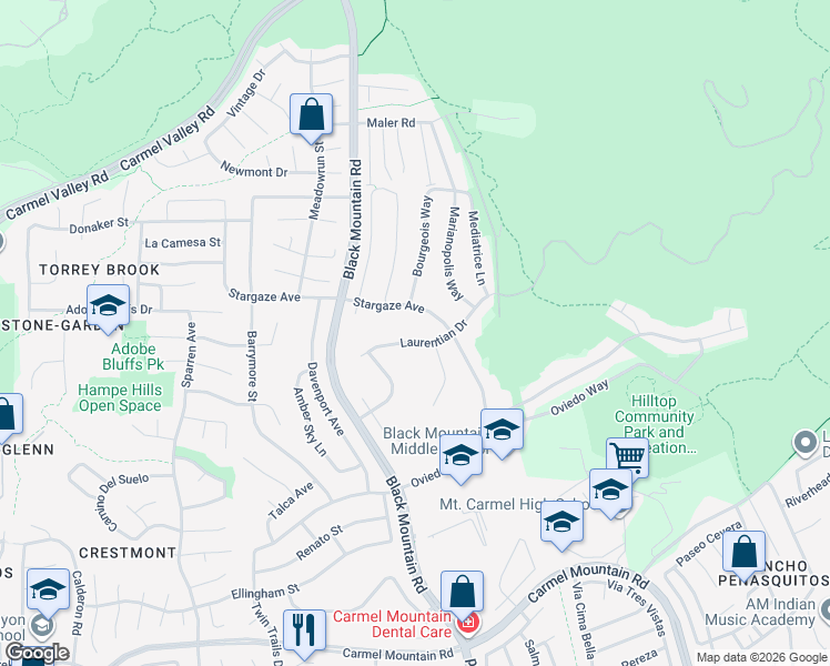 map of restaurants, bars, coffee shops, grocery stores, and more near 9425 Laurentian Drive in San Diego