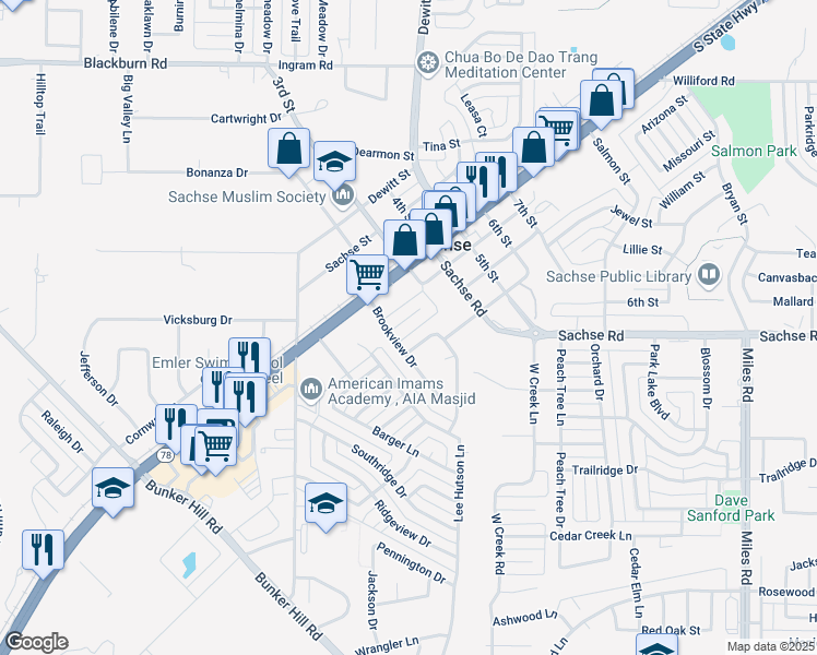 map of restaurants, bars, coffee shops, grocery stores, and more near 5510 Brookview Court in Sachse