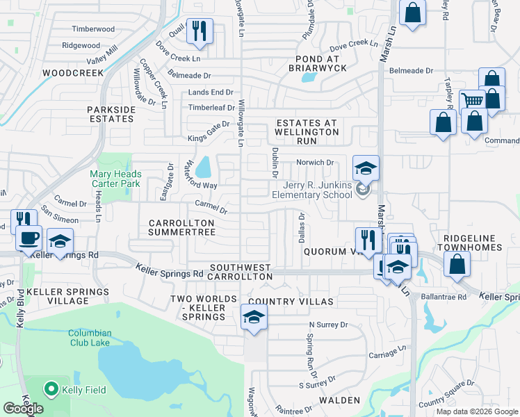 map of restaurants, bars, coffee shops, grocery stores, and more near 2780 Summertree Drive in Carrollton
