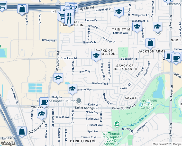 map of restaurants, bars, coffee shops, grocery stores, and more near 1027 Geronimo Arrow in Carrollton