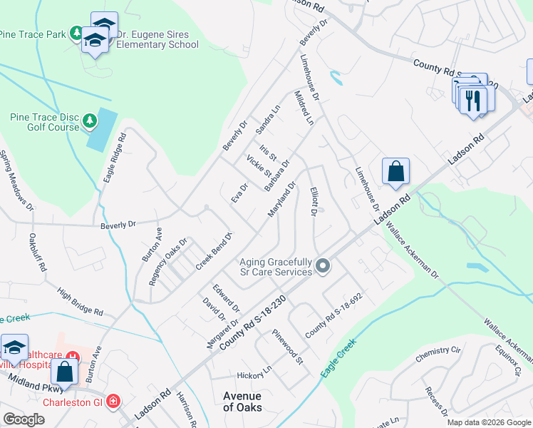 map of restaurants, bars, coffee shops, grocery stores, and more near 1256 Maryland Drive in Ladson