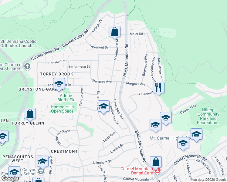 map of restaurants, bars, coffee shops, grocery stores, and more near 14029 Davenport Avenue in San Diego