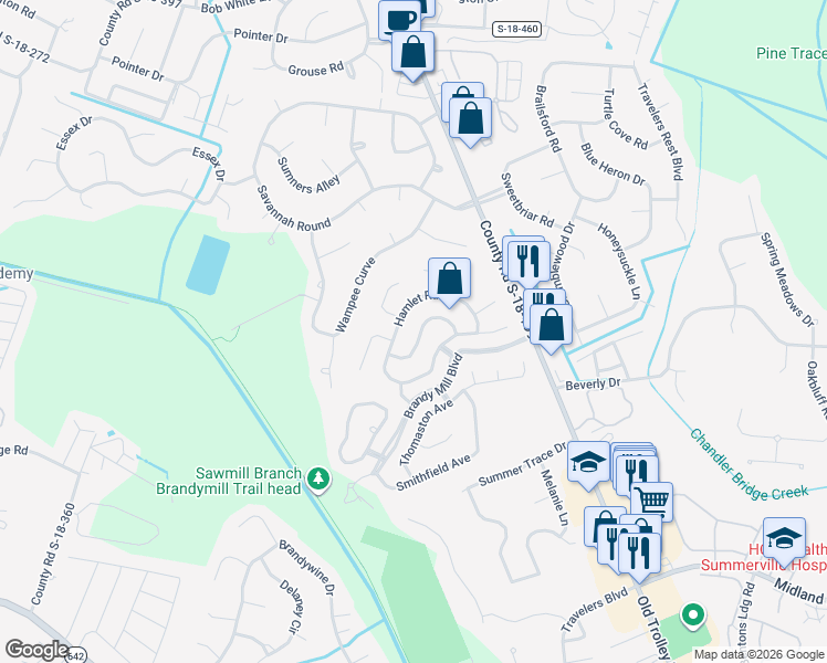 map of restaurants, bars, coffee shops, grocery stores, and more near 125 Towne Square Road in Summerville