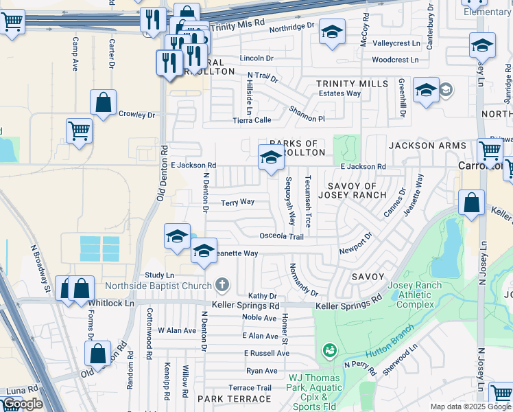 map of restaurants, bars, coffee shops, grocery stores, and more near 1027 Geronimo Arrow in Carrollton