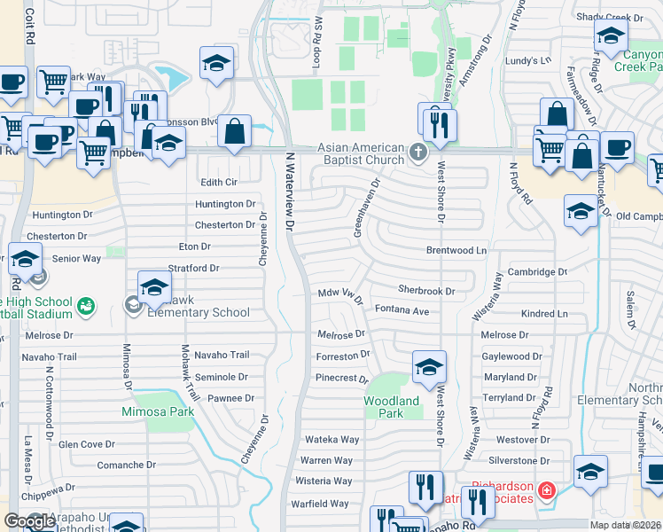 map of restaurants, bars, coffee shops, grocery stores, and more near 912 Waterview Circle in Richardson