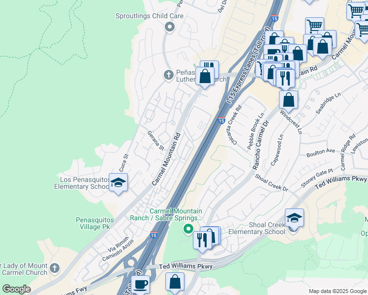 map of restaurants, bars, coffee shops, grocery stores, and more near 11007 Peyton Way in San Diego