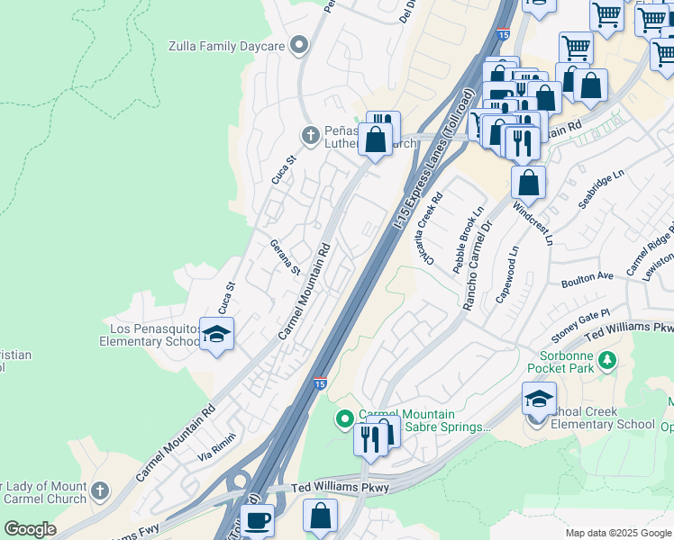 map of restaurants, bars, coffee shops, grocery stores, and more near 11011 Bryce Way in San Diego