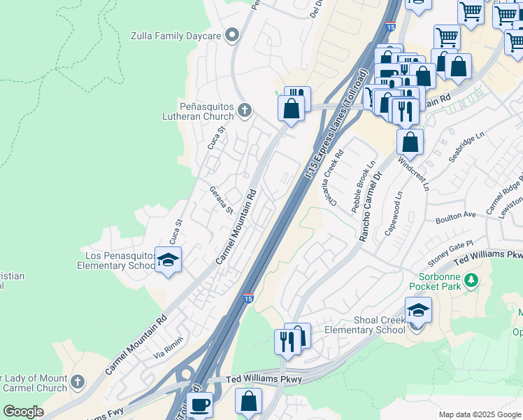 map of restaurants, bars, coffee shops, grocery stores, and more near 11011 Peyton Way in San Diego
