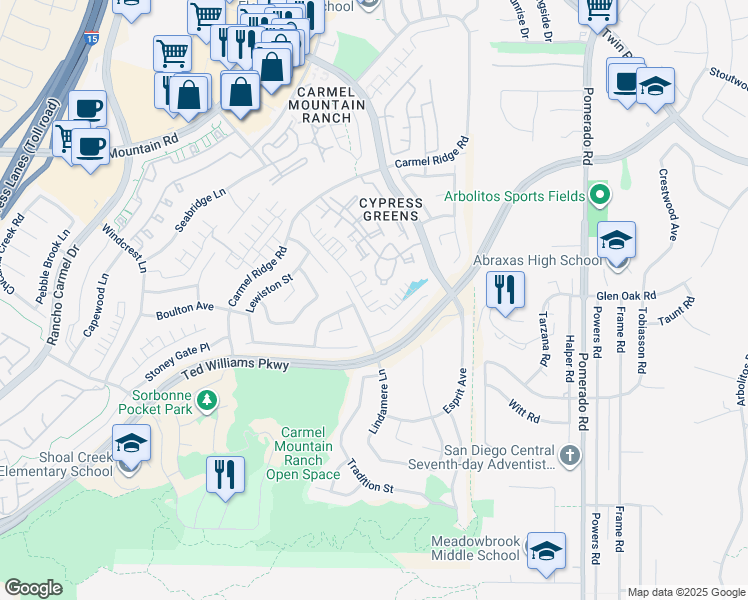 map of restaurants, bars, coffee shops, grocery stores, and more near 12174 Riley Lane in San Diego
