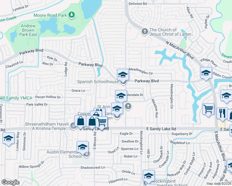 map of restaurants, bars, coffee shops, grocery stores, and more near 204 Samuel Boulevard in Coppell