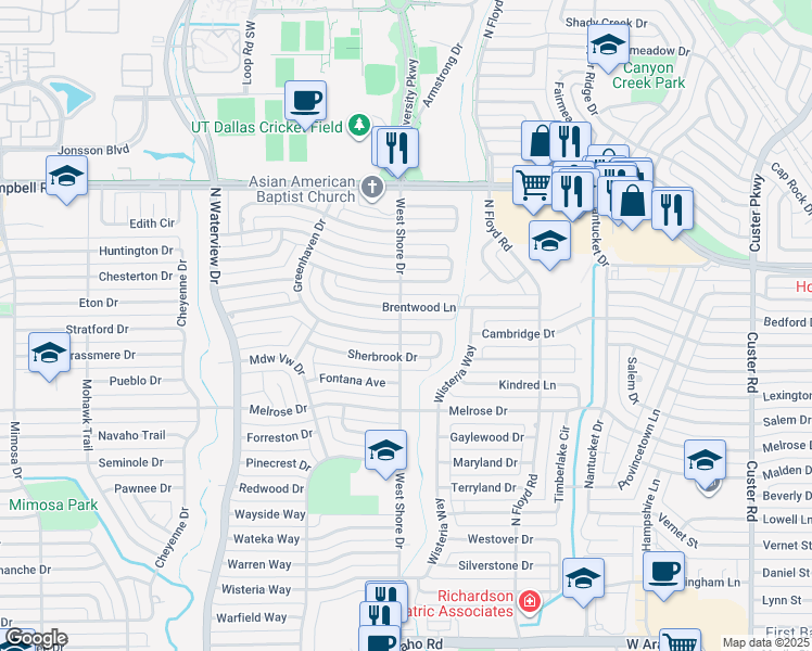 map of restaurants, bars, coffee shops, grocery stores, and more near 801 Greenhaven Drive in Richardson