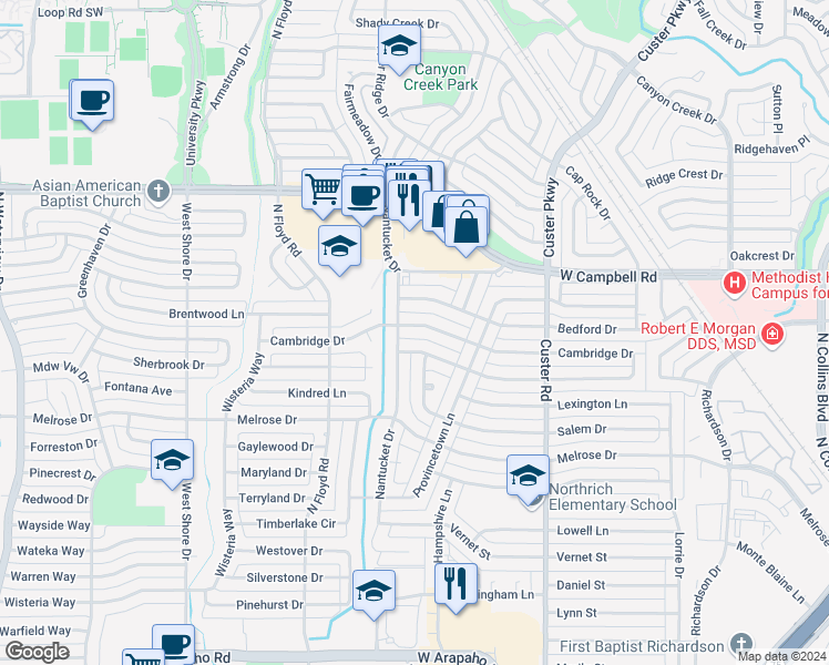 map of restaurants, bars, coffee shops, grocery stores, and more near 621 Cambridge Drive in Richardson