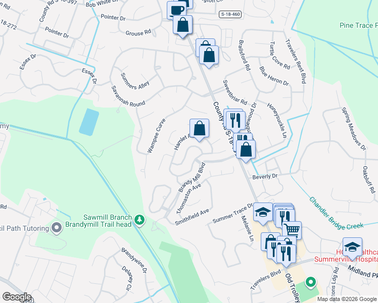 map of restaurants, bars, coffee shops, grocery stores, and more near 125 Towne Square Road in Summerville