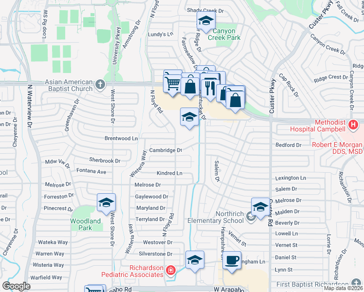 map of restaurants, bars, coffee shops, grocery stores, and more near 653 Cambridge Drive in Richardson