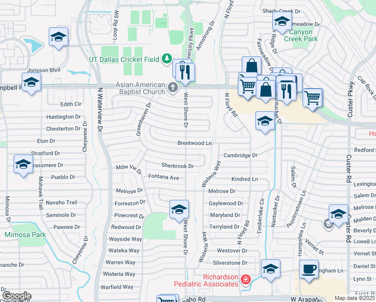 map of restaurants, bars, coffee shops, grocery stores, and more near 801 Greenhaven Drive in Richardson