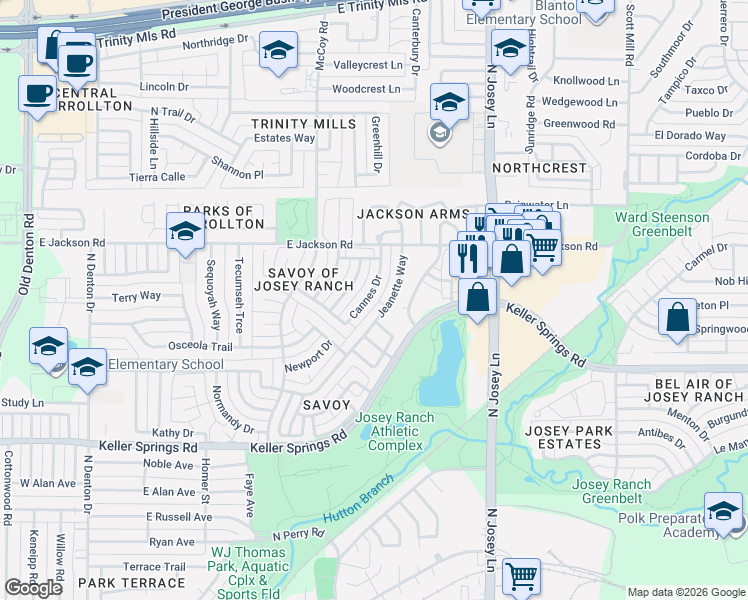 map of restaurants, bars, coffee shops, grocery stores, and more near 2106 Cannes Drive in Carrollton